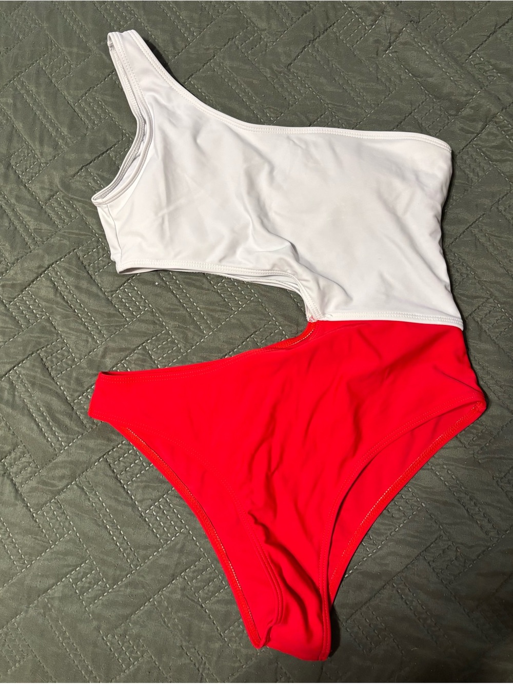 White and Red One-Shoulder Cutout Swimsuit